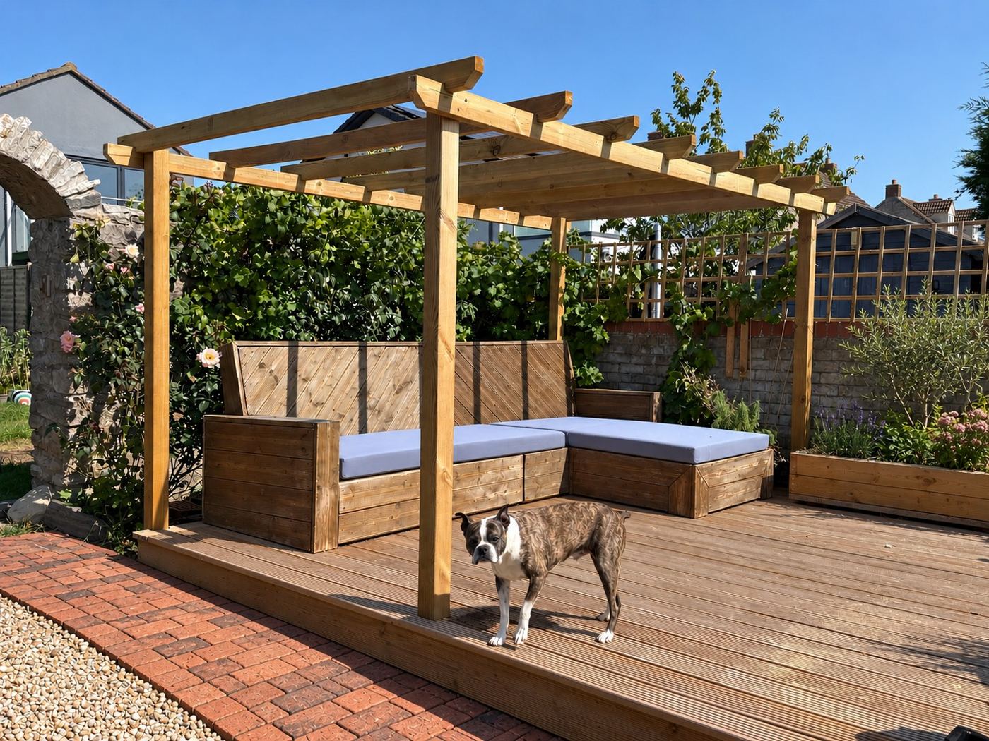Deck, pergola, built-in seating and planters, built by Darren